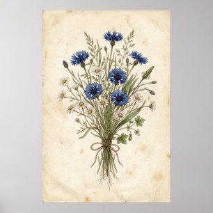 Póster Ramo de flores silvestres de aciano azul vintage