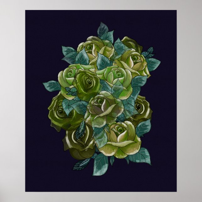 Póster Ramo de flores verdes, azul marino, rosas exóticos (Frente)