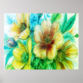 Póster Ramo de flores verdes floreciendo en una pared