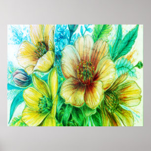 Póster Ramo de flores verdes floreciendo en una pared