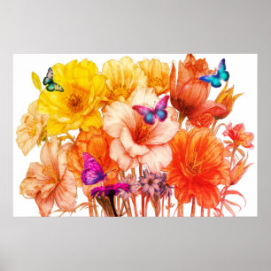 Póster Ramo de flores y mariposas en pared bonita