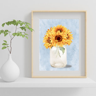 Póster Ramo de girasoles rústicos en acuarela en frasco d