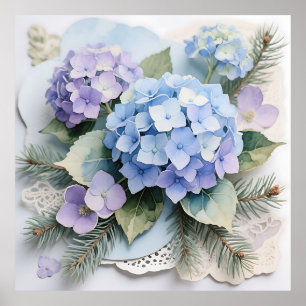 Póster Ramo de Hortensias Azules Aquarela Serenidad