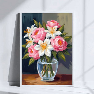 Póster Ramo de lirios y rosas   Florero de acuarela flora
