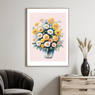 Póster Ramo de margaritas acuarela amarillo blanco