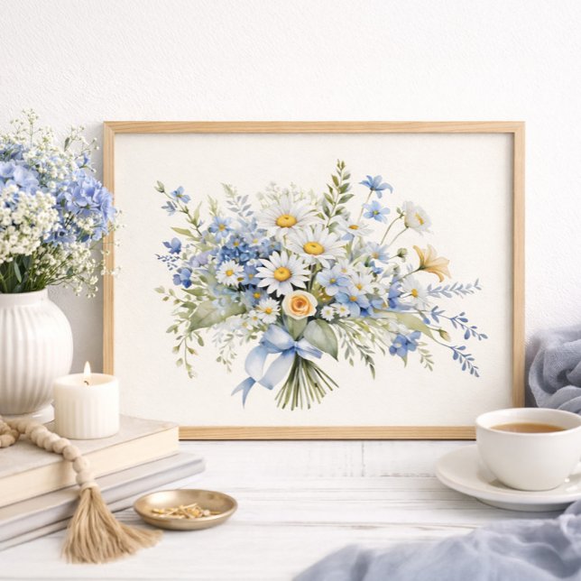 Póster Ramo de margaritas silvestres blancas azules Decor (Blue wildflowers and daisies wall art )