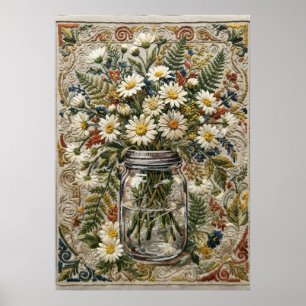 Póster Ramo de margaritas y flores silvestres en tarro de