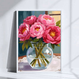 Póster Ramo de Peonía Rosa Pintura Floral Acuarela