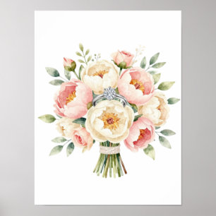 Póster Ramo de peonías románticas con anillo de diamantes