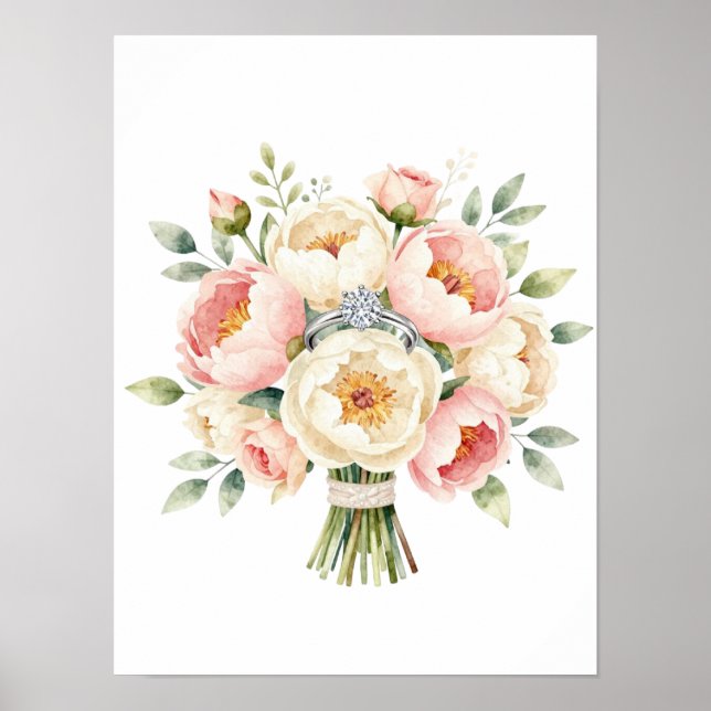 Póster Ramo de peonías románticas con anillo de diamantes (Frente)