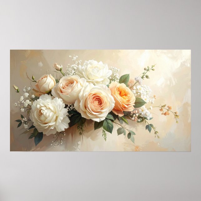 Póster Ramo de Rosa Melocotón y Crema Elegante: Pintura R (Frente)