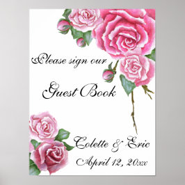 Póster Ramo de rosa rosa libro de invitados florales letr