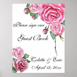 Póster Ramo de rosa rosa libro de invitados florales letr