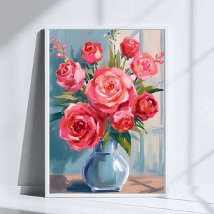 Póster Ramo de Rosas Florero Rojo Acuarela Floral