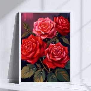Póster Ramo de Rosas   Pintura en Acuarela de Flores Roja