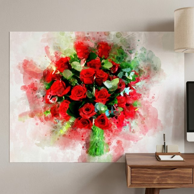 Póster Ramo de Rosas Rojas Acuarela sobre Fondo Blanco (Red Roses Bouquet Watercolor on White Background. Poster)