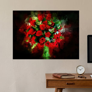 Póster Ramo de Rosas Rojas Acuarela sobre Fondo Negro