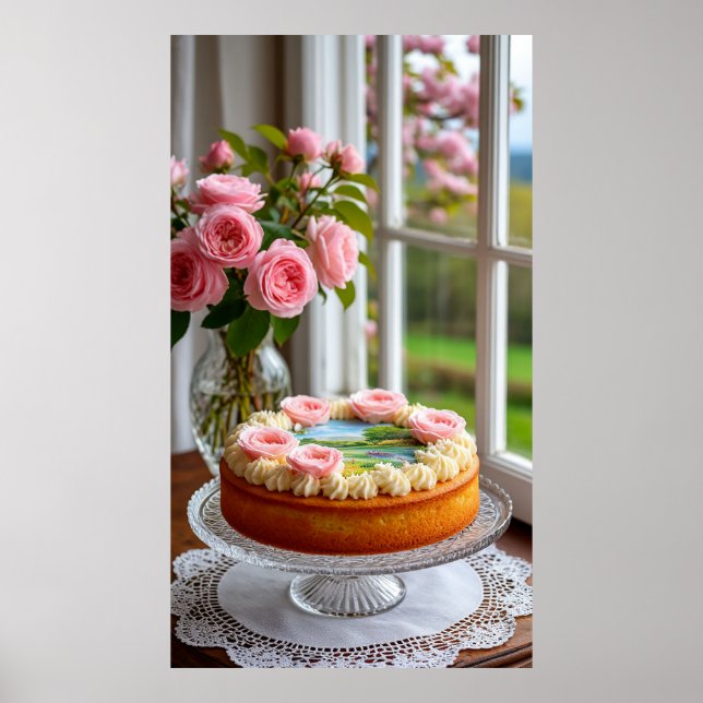Póster Ramo de rosas rosadas junto a la ventana y pastel  (Frente)