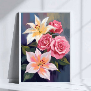 Póster Ramo de rosas rosadas Lirios blancos Floral acuare