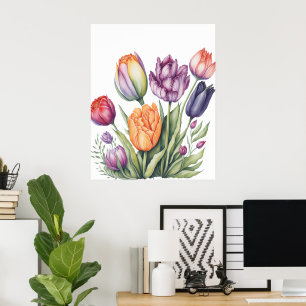 Póster Ramo de Tulipanes Vibrantes en Acuarela
