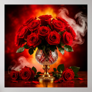 Póster Ramo Elegante de Rosas Rojas en Florero de Vidrio 