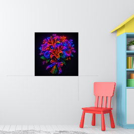 Póster Ramo Floral Arcoíris Neon Vibrante en la Pared
