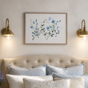 Póster Ramo Floral Azul y Acuarela de Mariposa