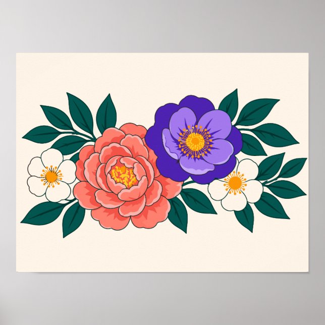 Póster Ramo Floral con Flores Moradas y Coralinas (Frente)