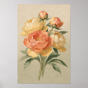 Póster Ramo Floral de Peonía de Coral y Crema de mantequi