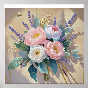 Póster Ramo floral peonías lavanda