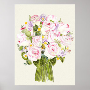 Póster ramo rosa y rosa amarillo pintado a mano
