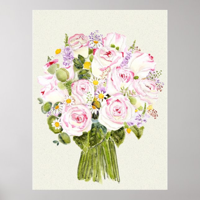 Póster ramo rosa y rosa amarillo pintado a mano (Frente)