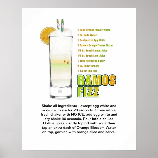 Póster Ramos Gin Fizz Cocktail Receta Art 16"x20" (Frente)