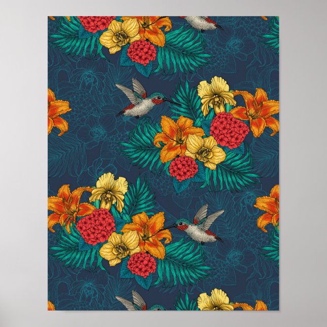 Póster Ramos tropicales y colibríes (Frente)
