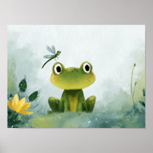 Póster Rana Adorable y Libélula – Ilustración Suave de la