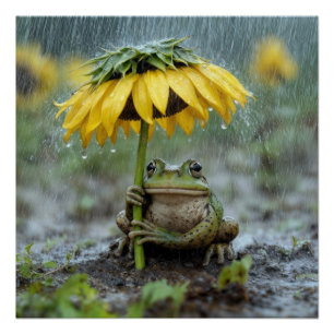 Póster Rana bajo una sombrilla de girasol en la lluvia