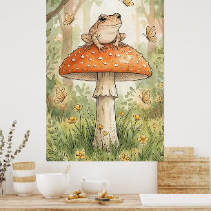 Póster Rana Bonita en Setas Bosque Encantado Estilo Cotta