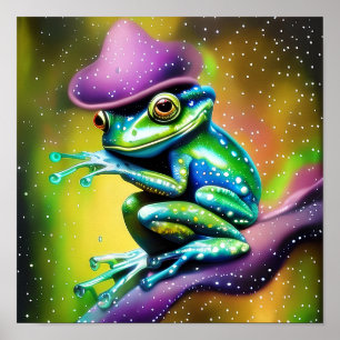 Póster Rana con sombrero bajo la lluvia  