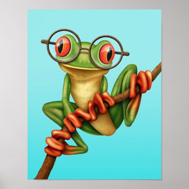 Póster Rana de árbol verde dulce con anteojos en azul (Frente)