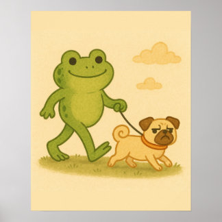 Póster Rana divertida caminando por su perro