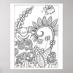 Póster Rana pequeña de 16"x 20" con flores de fantasía