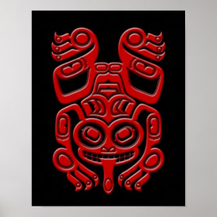 Póster Rana roja de árbol de espíritu de Haida sobre negr