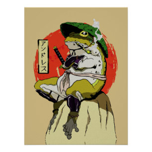 Póster Rana samurai con estética de sol rojo