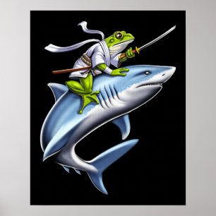 Póster Rana Samurai Ninja Riding Shark