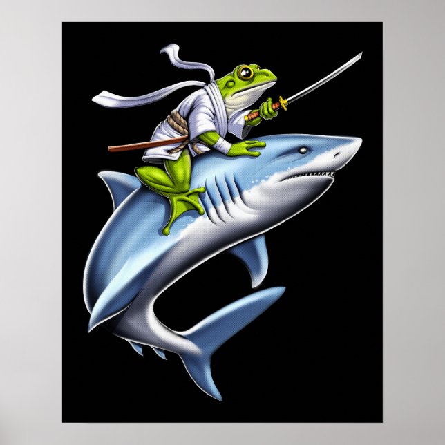 Póster Rana Samurai Ninja Riding Shark (Frente)