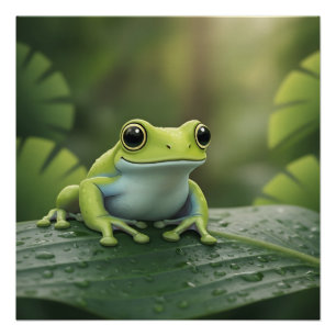 Póster Rana Verde Adorable en Hoja