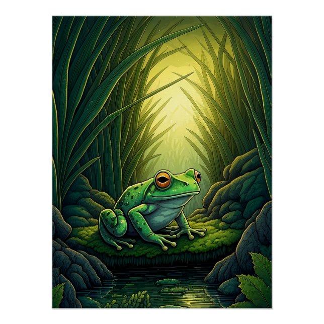 Póster Rana verde encantada en un bosque (Anverso)