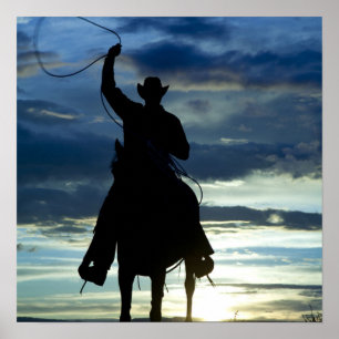 Póster Ranch sunset horseback Riding cowboy silhouette