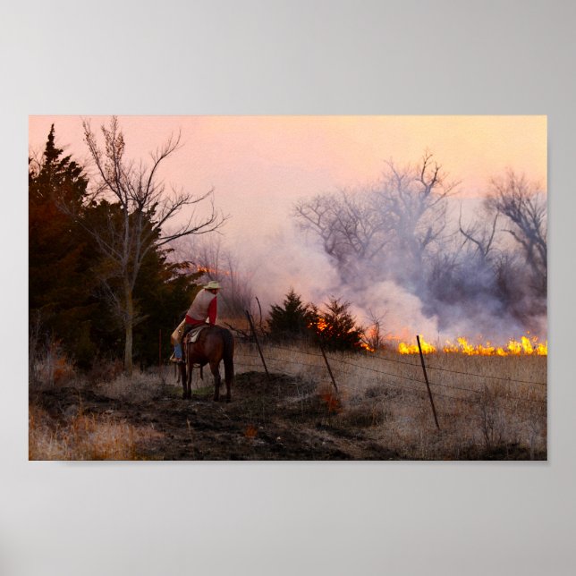 Póster Rancher de Kansas viendo una quemadura de pradera  (Frente)