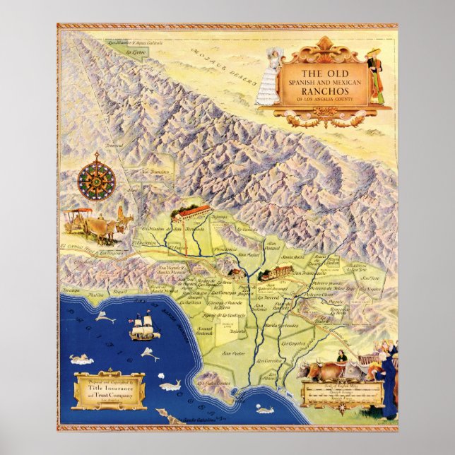 Póster Ranchos español y mexicano del mapa de Los Ángeles (Frente)